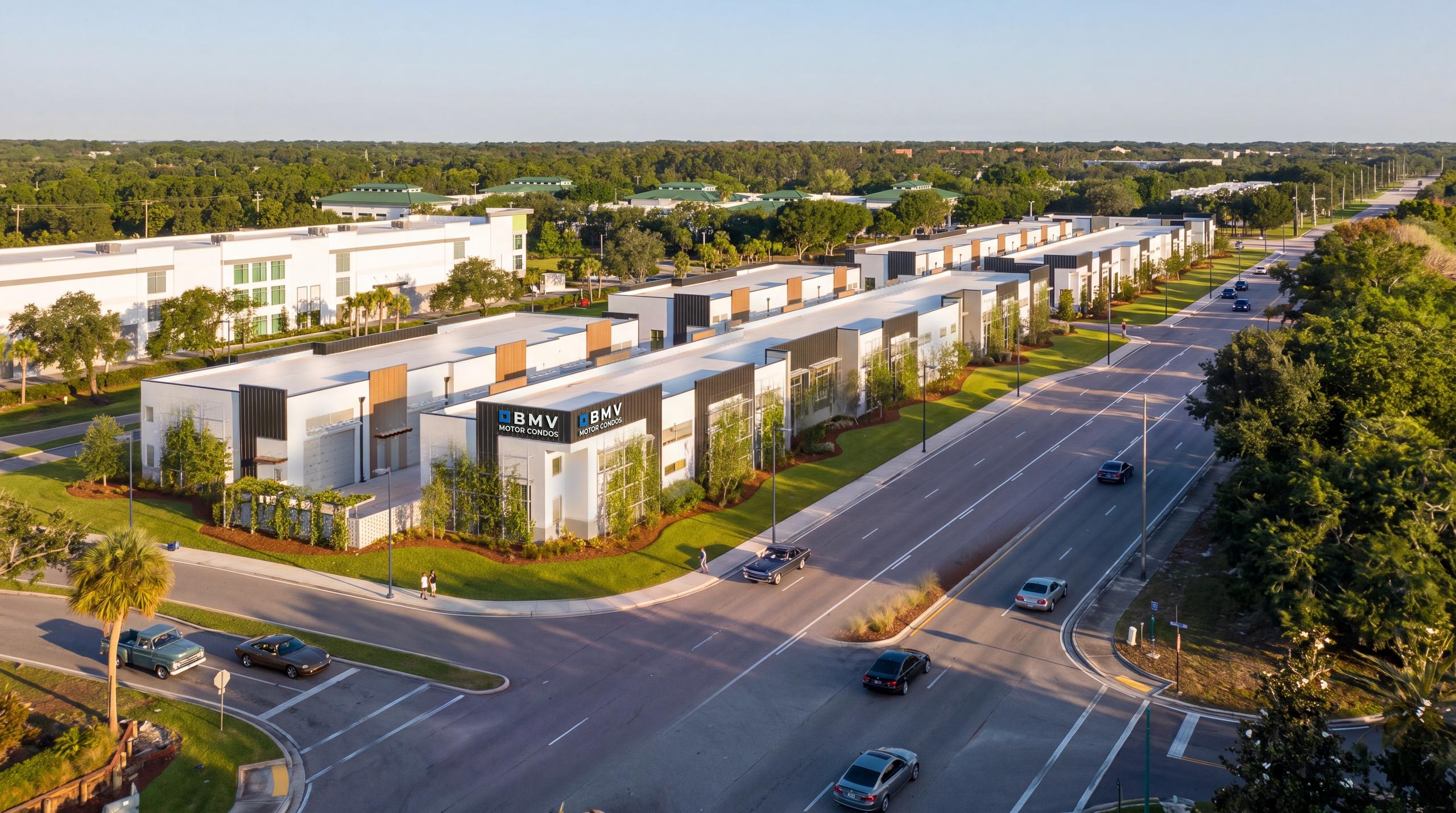 Photoreal aerial of a row of modern two-storey motor condo buildings at golden hour, beside a tree-lined road