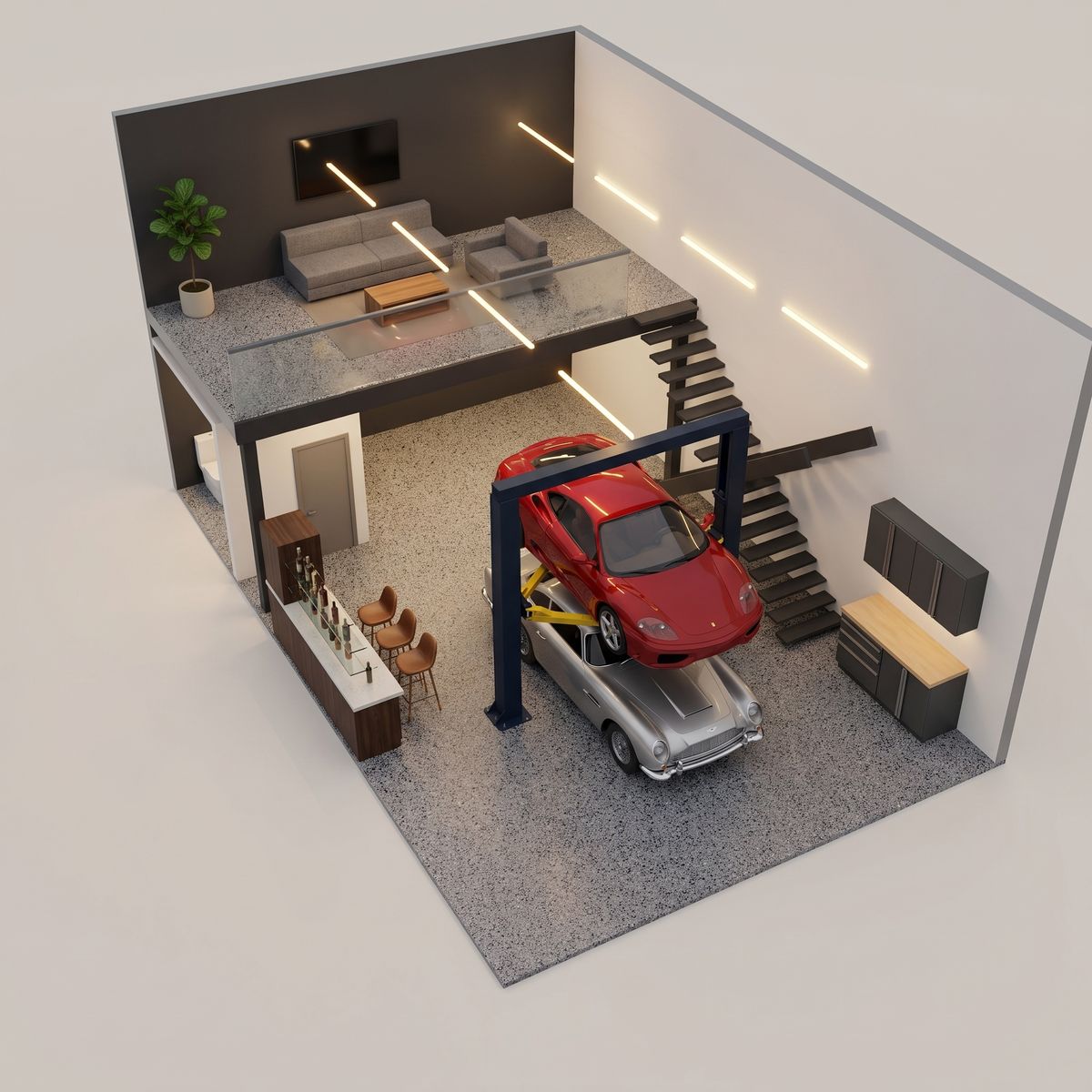 The same configured unit as a photoreal render, with two classic cars on the lift, a lounge upstairs and a wet bar