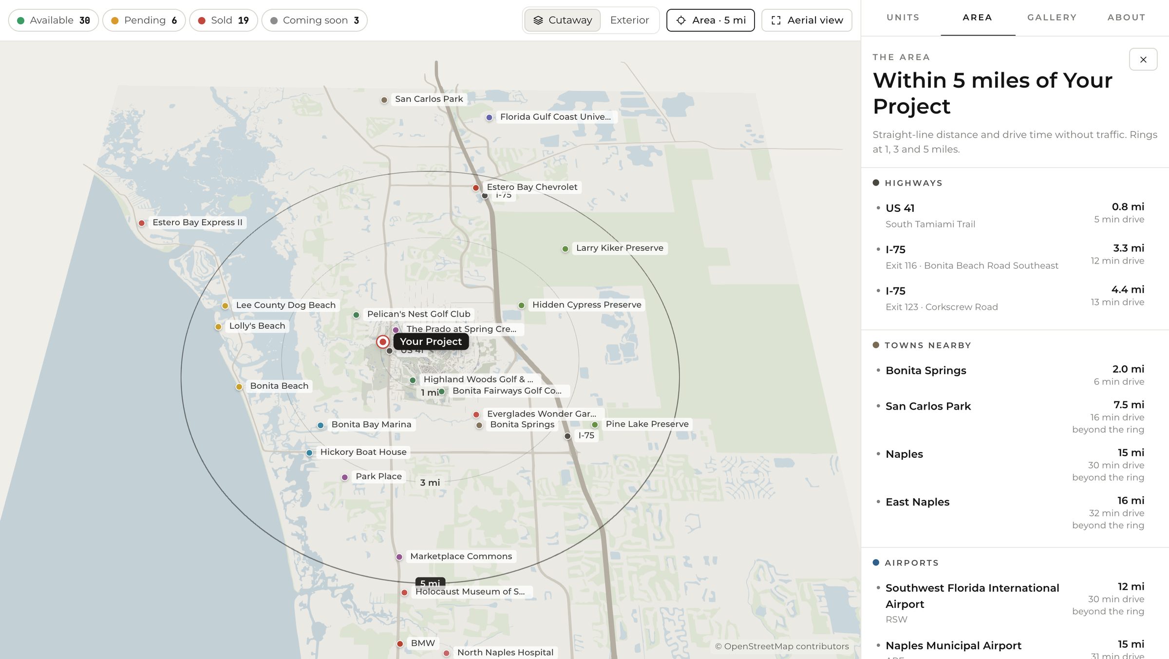The area view: a map with rings at 1, 3 and 5 miles around the project, pins for nearby beaches, golf clubs, marinas, preserves and highways, and a list of places with distance and drive time