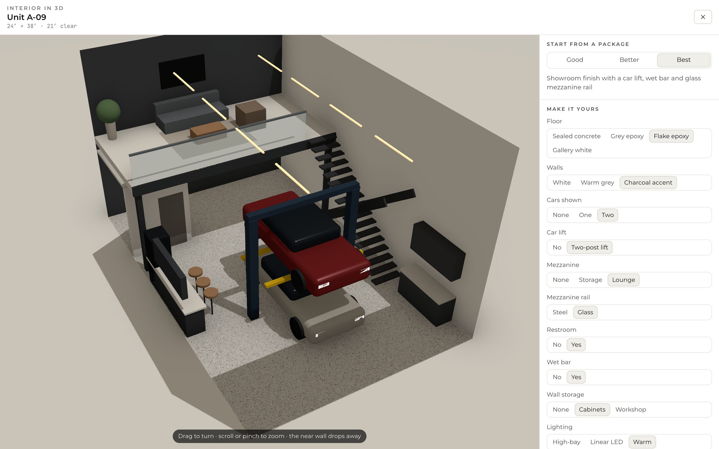 The 3D interior configurator: a cutaway unit with a car on a two-post lift, a lounge mezzanine with a glass rail and a wet bar, next to a panel of options for floor, walls, cars, lift, mezzanine and lighting