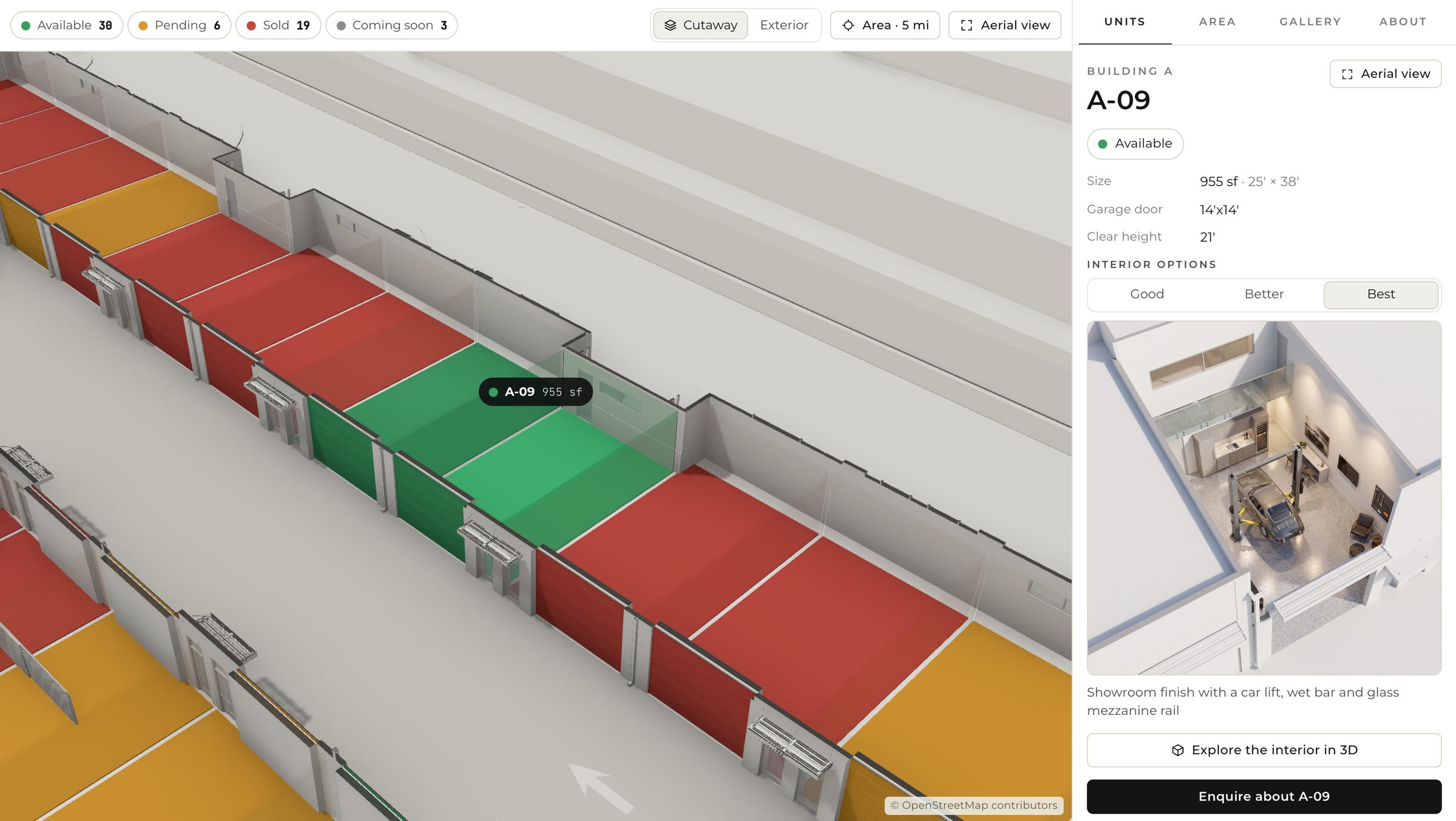 The public sales page: a cutaway 3D view of a row of units colored green, amber and red by status, with unit A-09 selected and its details, size and Best interior package shown in a side panel