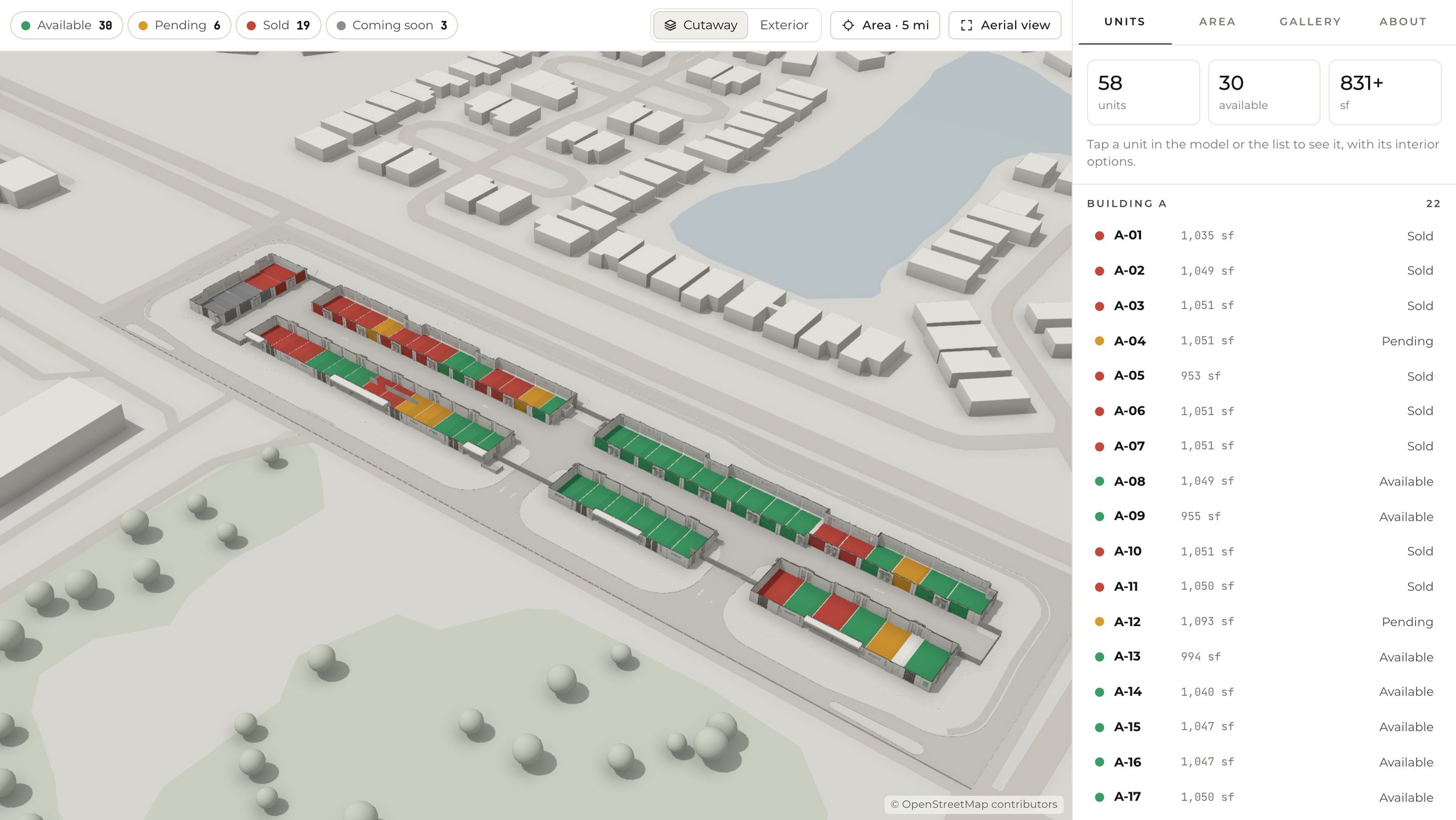 The public sales page showing the whole development in 3D with every unit colored by status, surrounded by neighboring buildings, and a list of units with sizes and status